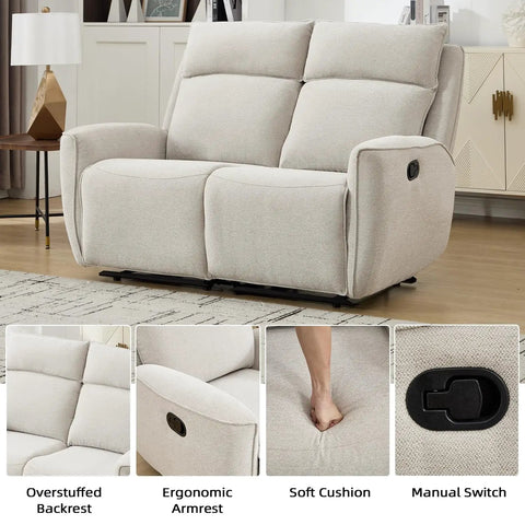 Two Seat Manual Loveseat Recliner Sofa With Wall Hugger Design, Independent Reclining Seats From 90 To 150 Degrees, Chenille Beige Fabric