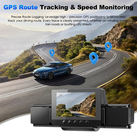 4 Channel Dash Cam With 360 Degree View For All Around Protection And No Blind Spots, GPS route tracking illustrated