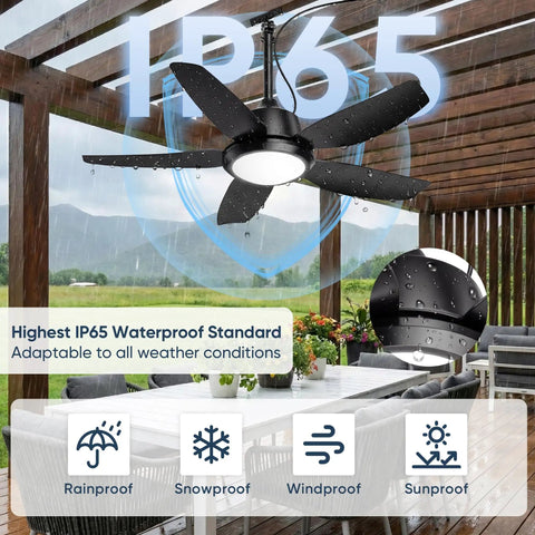 42 Inch Outdoor Ceiling Fan With Lights, IP65 Weatherproof, Dimmable LED in gazebos, showing rainproof feature
