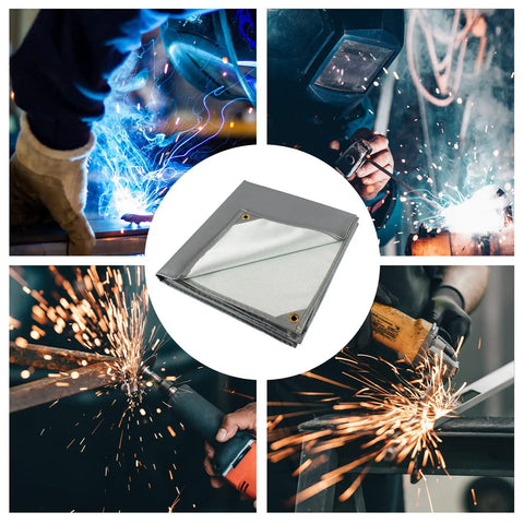 Heavy Duty Welding Blanket 6x8 Ft Silicone Coated Fireproof Shield for sparks, flames, shown in industrial use with sparks.