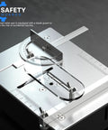 Close-up of 96W Precise Mini Table Saw for DIY woodworking projects featuring blade guard and angle guides.
