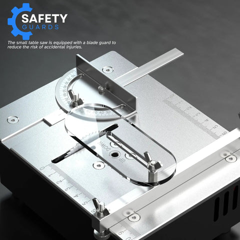 Close-up of 96W Precise Mini Table Saw for DIY woodworking projects featuring blade guard and angle guides.