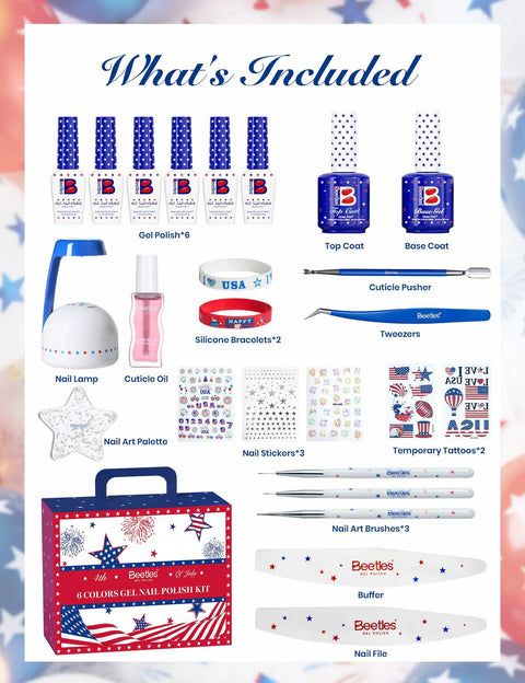 Fourth Of July Gel Nail Polish Kit With UV Light And 6 Festive Red White Blue Shades, Base Top Coat, Stickers, And Nail Art Tools