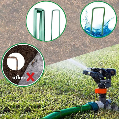 Heavy Duty Garden Stakes And Ground Anchors Set 10 Pack Galvanized U Hooks for Lawn Beds and Landscape Weed Barrier in use