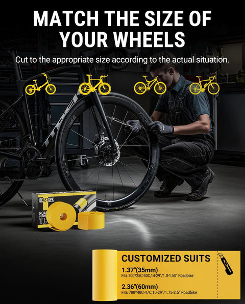 Two Pack Road Bike Tire Liner For Flat Protection displayed near a road bike wheel, showing customizable fit sizes.