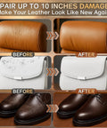 Before and after repair using Brown Leather Repair Kit For Furniture And Auto Interiors With Quick Drying Adhesive to fix damages.