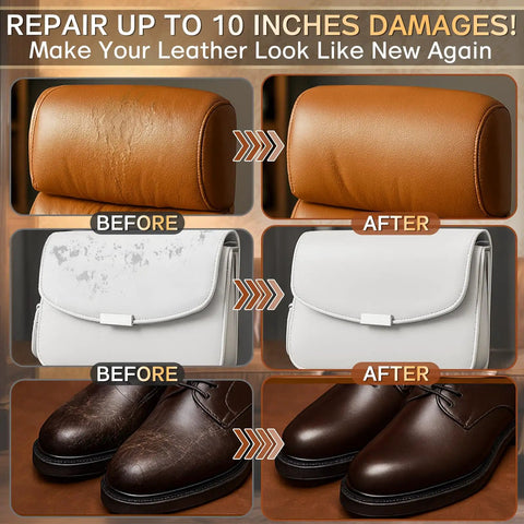 Before and after repair using Brown Leather Repair Kit For Furniture And Auto Interiors With Quick Drying Adhesive to fix damages.