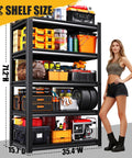 Built Like A Tank Five Tier Garage Shelving Rack With Hefty Steel Build For Boss Level Household Storage Adjustable Utility Organizer 600 Lb Capacity Black Multi Space Setup showcased with tools and boxes