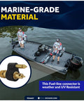 Brass 1/4 Inch NPT Male Fuel Tank Connector For OMC Johnson Evinrude with 2 prong tank end, weather and UV resistant.
