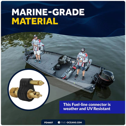 Brass 1/4 Inch NPT Male Fuel Tank Connector For OMC Johnson Evinrude with 2 prong tank end, weather and UV resistant.