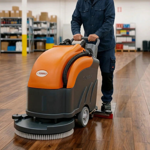 22 Inch Walk Behind Commercial Floor Scrubber Cordless Battery Powered With Dual 13 Point 2 And 14 Point 5 Gallon Tanks Up To Five Hours Runtime 31 Inch Squeegee Hard Floor Cleaner For Tile Concrete Epoxy And Vct in use on wooden floor