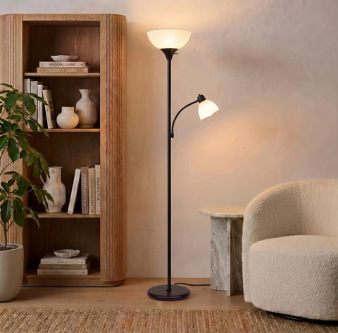Sky Dome Plus LED Floor Lamp Torchiere With Reading Arm Two LED Bulbs Deliver 3000K Warm White Super Bright Ambient Mood Lighting