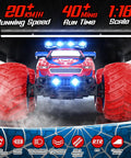 Front view of a 1:18 Scale RC Monster Truck With All Terrain Off Road Grip And Body Lights Headlights And Headlamps, 20kmh Top Speed, 2.4GHz Control, Rechargeable Toy Car Gift For Kids Aged 3 To 12, showcasing its large red wheels and LED headlights.