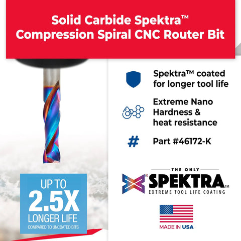 Spektra Extreme Tool Life Coated Solid Carbide CNC Compression Spiral Router Bit 46172-K, nano hardness, made in USA.