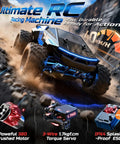All Terrain Drift And Racing RC Car 1 18th Scale on rocky terrain, showcasing futuristic body, 40 KMH speed details.