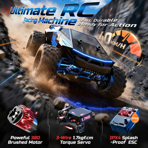 All Terrain Drift And Racing RC Car 1 18th Scale on rocky terrain, showcasing futuristic body, 40 KMH speed details.