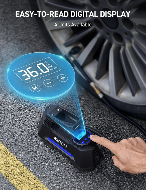 Tire Inflator Portable Air Compressor For Cars With Fast Inflation Digital Pressure Gauge Auto Shut Off LED Light 12V DC Powered 9.8 Ft Cord Great On The Go Car Tire Pump For Home And Roadside Emergencies, digital display near car wheel