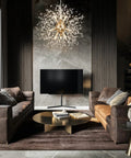 Gold Modern Dandelion Chandelier Pendant Light Fixtures Dope Nine Light Firework Crystal Semi Flush Mount Ceiling Light For Dining Room G9 Sockets Bulbs Not Included Sparkling Contemporary Gold Decor hanging in a living room.
