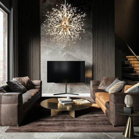 Gold Modern Dandelion Chandelier Pendant Light Fixtures Dope Nine Light Firework Crystal Semi Flush Mount Ceiling Light For Dining Room G9 Sockets Bulbs Not Included Sparkling Contemporary Gold Decor hanging in a living room.