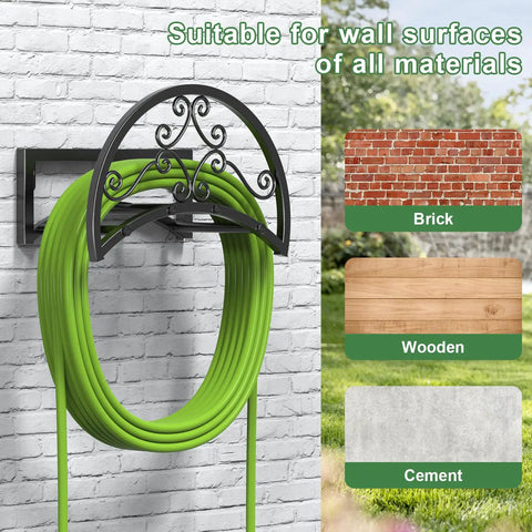 Heavy Duty Wall Mount Garden Hose Holder Holds 125 Ft Hose Up To 95 Lbs Weight Capacity Tough As Nails Metal Construction Detachable Hose Hanger Storage Rack For Outdoor Lawn Yard Farm Use Black mounted on various surfaces