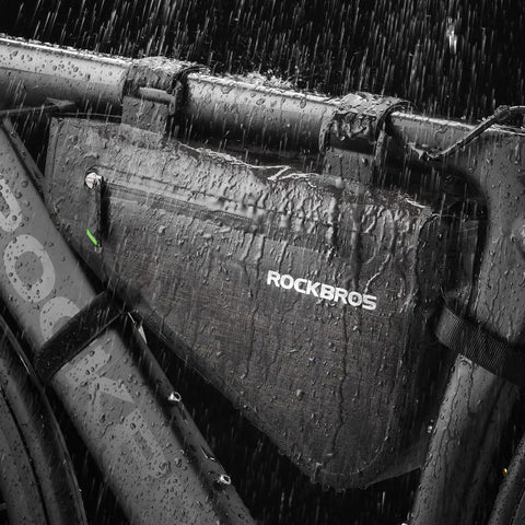 2.5L Triangle Bike Frame Bag Waterproof Under Frame Storage For Bikepacking Trail Ready Large Capacity Pouch With Rainproof Zipper And Easy Access Gear Organizer Pocket on wet bike frame