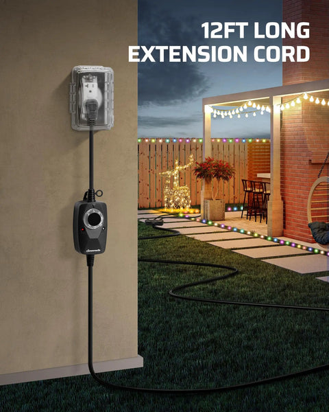 Top Tier Outdoor Weatherproof Light Timer Featuring Built In Daylight Detector and Flexible Dusk To Dawn Or Custom Hour Schedules for Backyard Scapes with a 12ft Long Extension Cord.