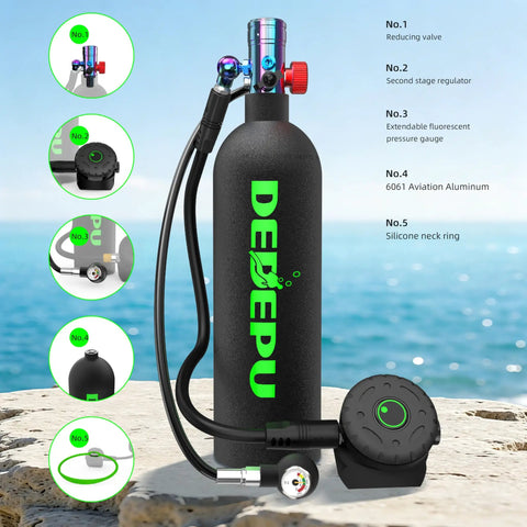 2.3L Mini Scuba Tank With Adapter showing components including reducing valve, regulator, pressure gauge, and silicone neck ring.