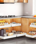 Legit Heavy Duty Pull Out Cabinet Organizers Game Changer Slick Full Extension Slides in stylish kitchen with white shelves.