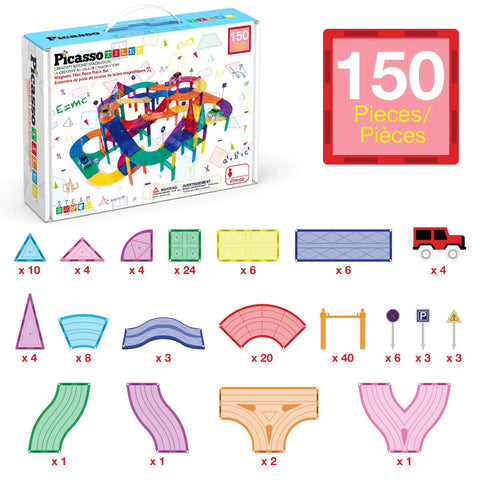 150 Piece Race Car Track Magnetic Tile Building Set For Kids With 4 Cars and various tile shapes in packaging