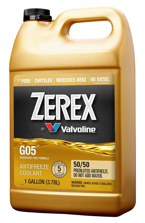 Hybrid G05 Coolant Antifreeze 50/50 Pre Mixed Six Gallon Container with gold jug showing 1 gallon capacity and branded label.