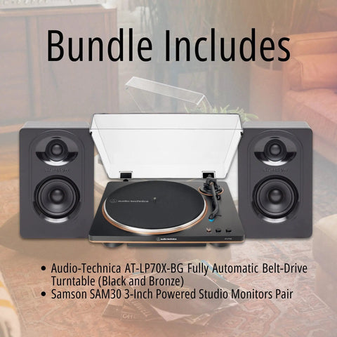 Fully Automatic Belt Drive Turntable Bundle With SAM30 3 Inch Powered Studio Monitors positioned on a tabletop setup