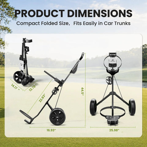 Top Shelf Two Wheel Golf Pull Cart Lightweight Foldable Push Cart Built From Heavy Duty Steel With Quick Adjust Straps, compact dimensions.