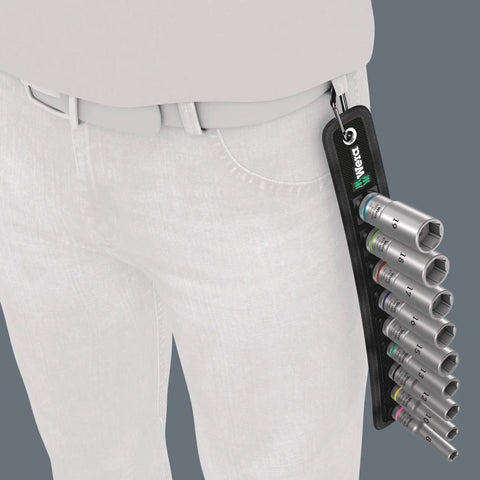 Deep Belt B Nine Piece Socket Set With Three Eighths Inch Drive On Durable Textile Belt Smooth Twist Unlock For Quick Fit And Easy Removal Long Reach Socket For Tight Spaces And Protruding Rods Hex Profile For Precise Fit