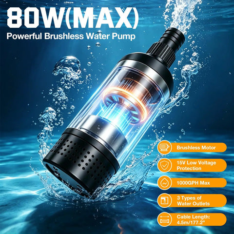 High Power Cordless Submersible Water Pump Kicking Out Standing Water Fast With 1000Gph Brushless Motor And 14 Foot Cable For Pool Draining And Sump Jobs Runs Smooth On Standard 20V Batteries For Heavy Yard Chores in water.