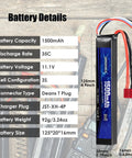 11.1V 1500mAh LiPo Battery for Airsoft Guns with Dean Style T Plug, 35C Discharge, 3S Rechargeable Pack, JST XH Connector visible