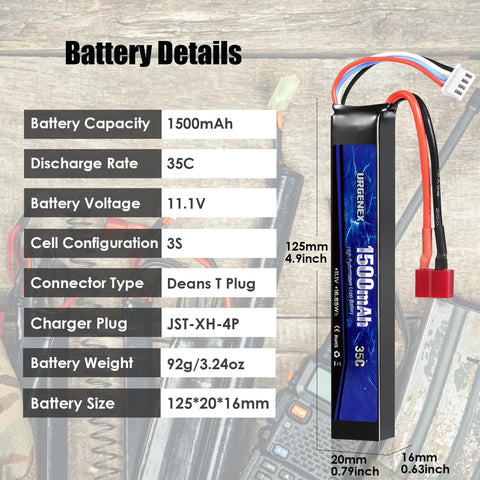 11.1V 1500mAh LiPo Battery for Airsoft Guns with Dean Style T Plug, 35C Discharge, 3S Rechargeable Pack, JST XH Connector visible