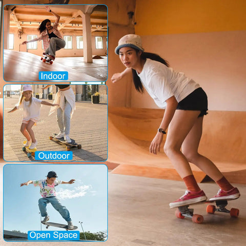 Various skateboarders using Light Up Skateboard Wheels 60x45mm 4 Pack With Bearings 78A PU for different environments indoors and outdoors.