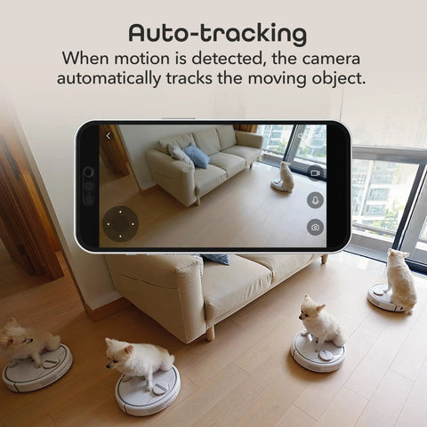 1080P Security Camera with 24 Seven Live Streaming and Pan Tilt Zoom, Motion Detection, auto-tracking pets in living room
