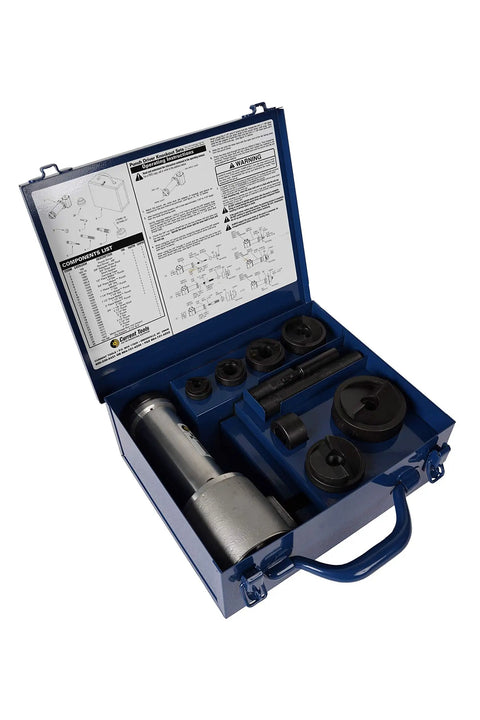 Punch Driver Knockout Set for Drill Driven Holemaking with punches and dies in a blue carrying case