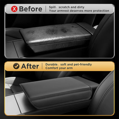 Before and after installation of Juniper Leather Center Console Cover For Tesla Model Y 2025 2026 And Model 3 2024 2026