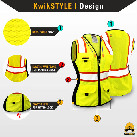 Womens Hi Viz Safety Vest With 9 Pockets, Class 2 Reflective ANSI OSHA Rated, Yellow Small showing breathable mesh and design features