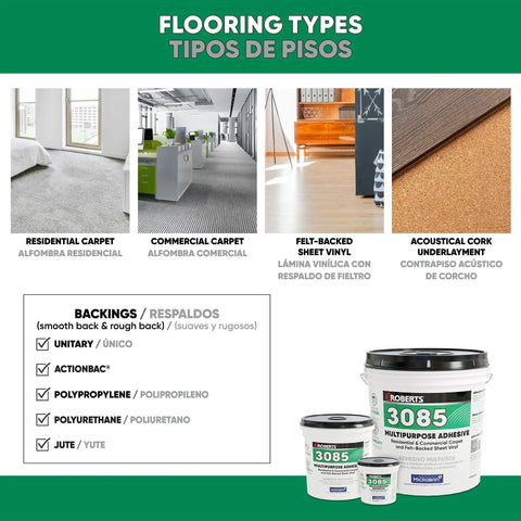Multipurpose Floor Adhesive For Carpet, Felt Back Vinyl, And Underlayment, Fast Setting Solvent Free SBR Latex Bond That Works On Concrete, APA Plywood, Terrazzo, And More, 1 Gal shown with flooring types and products