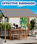 Outdoor pergola structure with chairs underneath, featuring Heavy Duty 3 Way Slanted Pergola Brackets Set for Outdoor Wood Structures.
