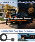 Ultimate OBD2 to USB C Adapter Hardwire Kit for Dash Cameras shown with car parked at night and dash cam recording.