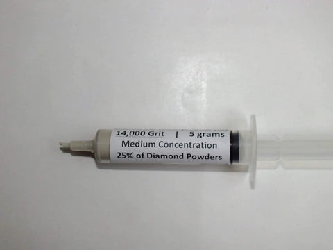 Syringe labeled 14,000 grit diamond polishing compound, Pro Grade Diamond Polishing Compound Kit, Three Piece Set With 14 000, 100 000 And 200 000 Grits