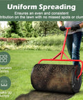 24 Inch Compost And Peat Moss Spreader For Lawn With Adjustable T Shaped Handle Upgraded Side Clasps Durable Lightweight Metal Roller Delivers Uniform Spreading Diamond Mesh Design Black Finish in use on grass lawn