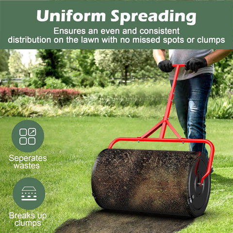 24 Inch Compost And Peat Moss Spreader For Lawn With Adjustable T Shaped Handle Upgraded Side Clasps Durable Lightweight Metal Roller Delivers Uniform Spreading Diamond Mesh Design Black Finish in use on grass lawn
