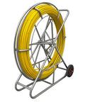 Heavy Duty Fiberglass Fish Tape Built Dang Solid For Hella Smooth Wire Routing And Conduit Pulling With Sturdy Wood Reel And Wheeled Cart 12mm 820Ft Length To Route Cables Anywhere Fast on a sturdy metal cart.