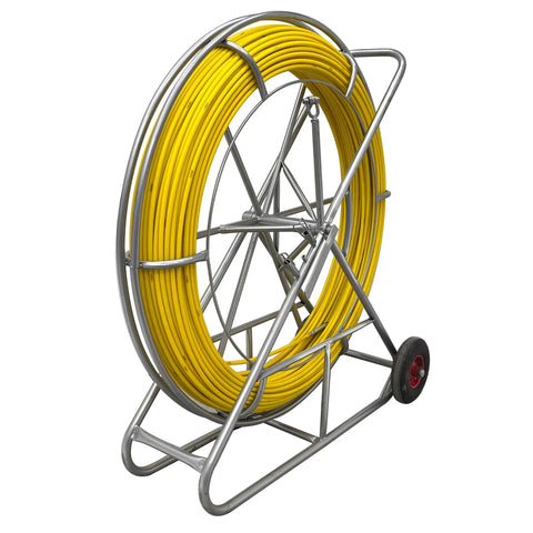 Heavy Duty Fiberglass Fish Tape Built Dang Solid For Hella Smooth Wire Routing And Conduit Pulling With Sturdy Wood Reel And Wheeled Cart 12mm 820Ft Length To Route Cables Anywhere Fast on a sturdy metal cart.