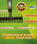 Close-up of 15 Inch Heavy Duty Thatch Rake With Two Row 29 Tines Metal Dethatcher with ergonomic grip showcasing features.